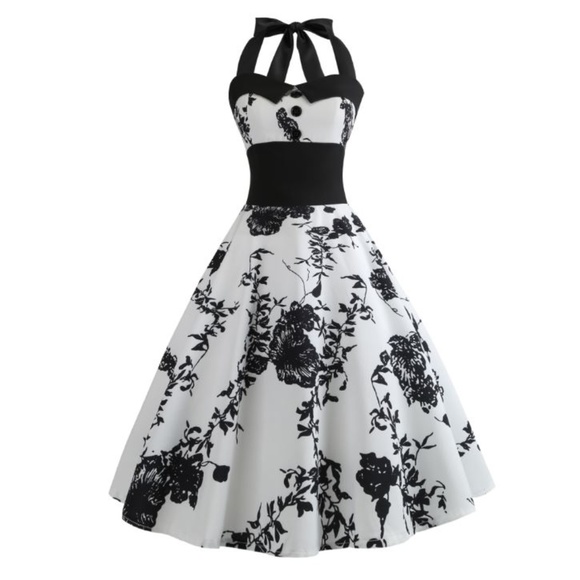 White and Black Flower Halter Top Dress - Picture 1 of 5